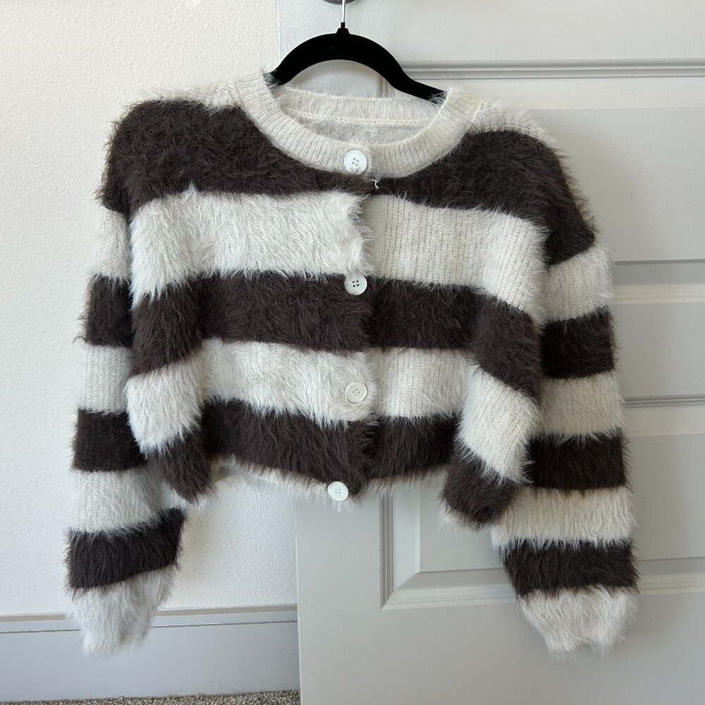 Brown Fluffy Striped Button-Up Fuzzy Knit Cardigan